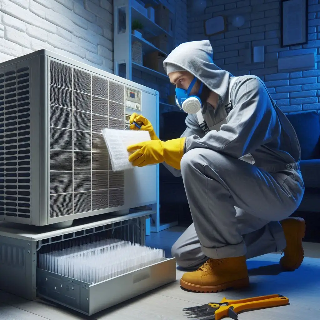 "An HVAC technician performing a maintenance check on an air conditioning unit, cleaning the filters and inspecting the system to ensure optimal performance."