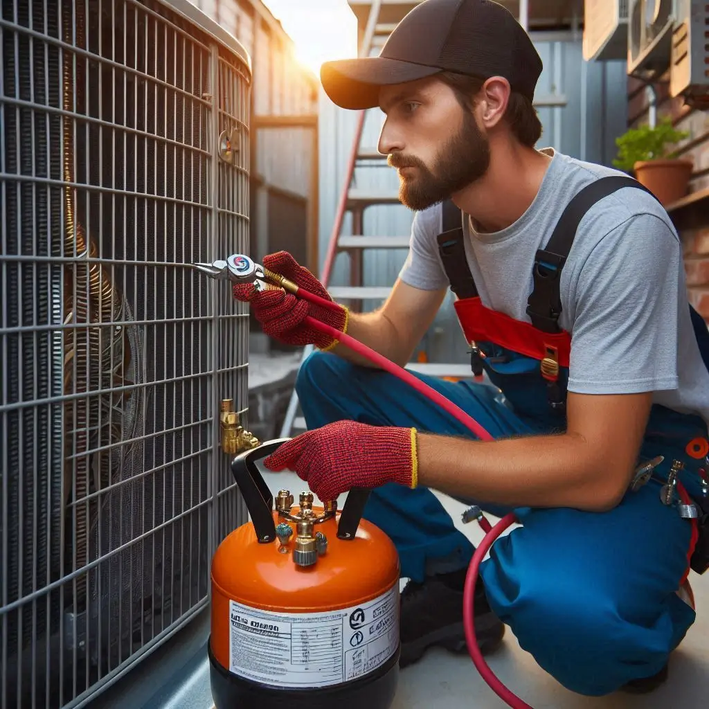 "An HVAC technician testing the refrigerant charge and examining the outdoor condenser unit to ensure proper cooling efficiency during a professional AC tune-up."