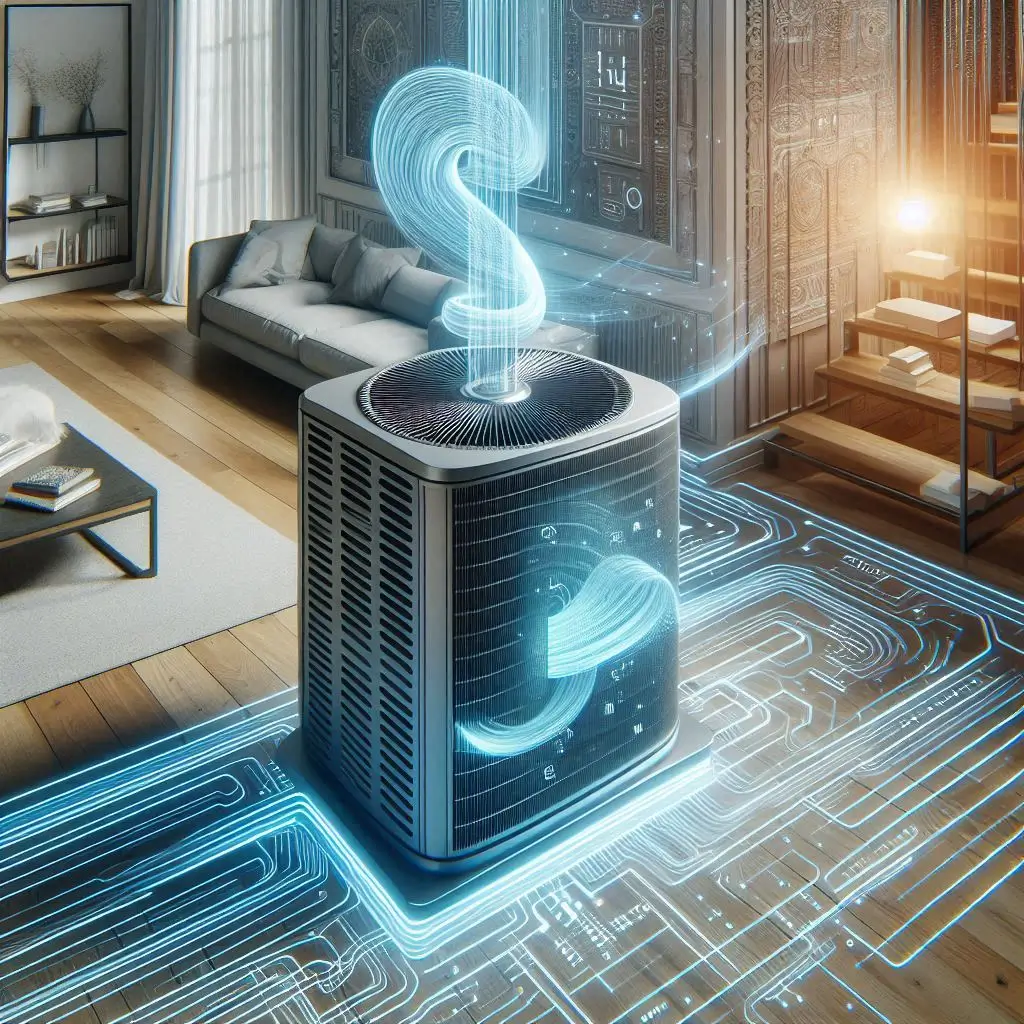 A modern energy-efficient HVAC unit with airflow lines showing cool and warm air circulation inside a home.