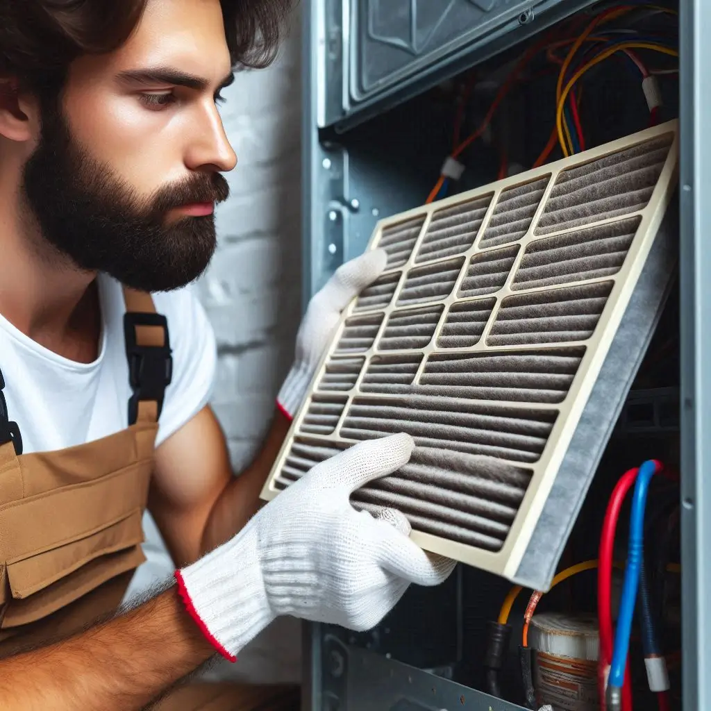 A close-up of an HVAC technician replacing a dirty air filter with a clean one in an air conditioning unit.