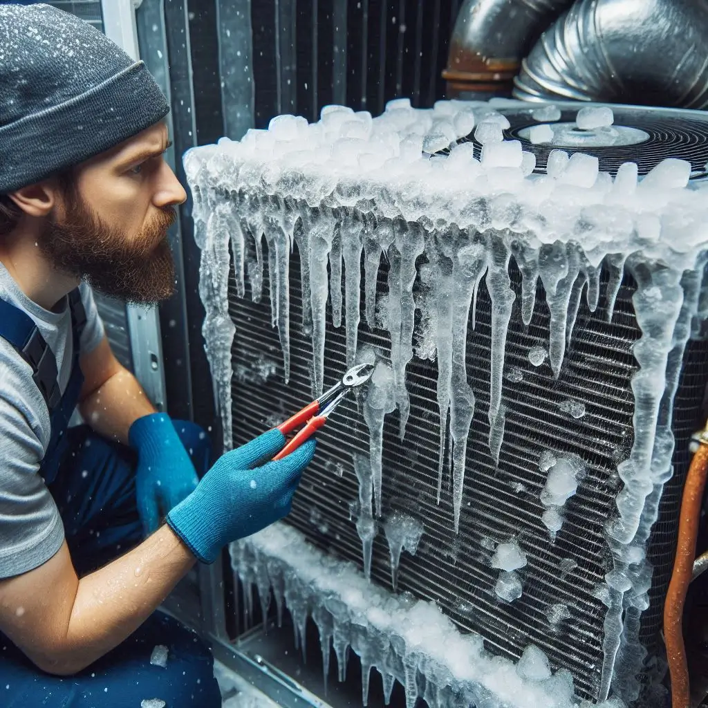 A close-up view of an AC evaporator coil covered in ice, with an HVAC technician examining it.