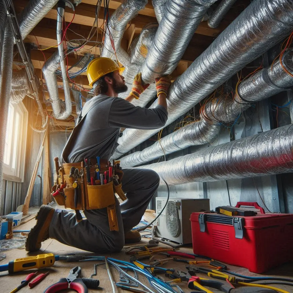 "A technician working on modifying the ductwork during an AC installation, showing intricate labor details and equipment usage."