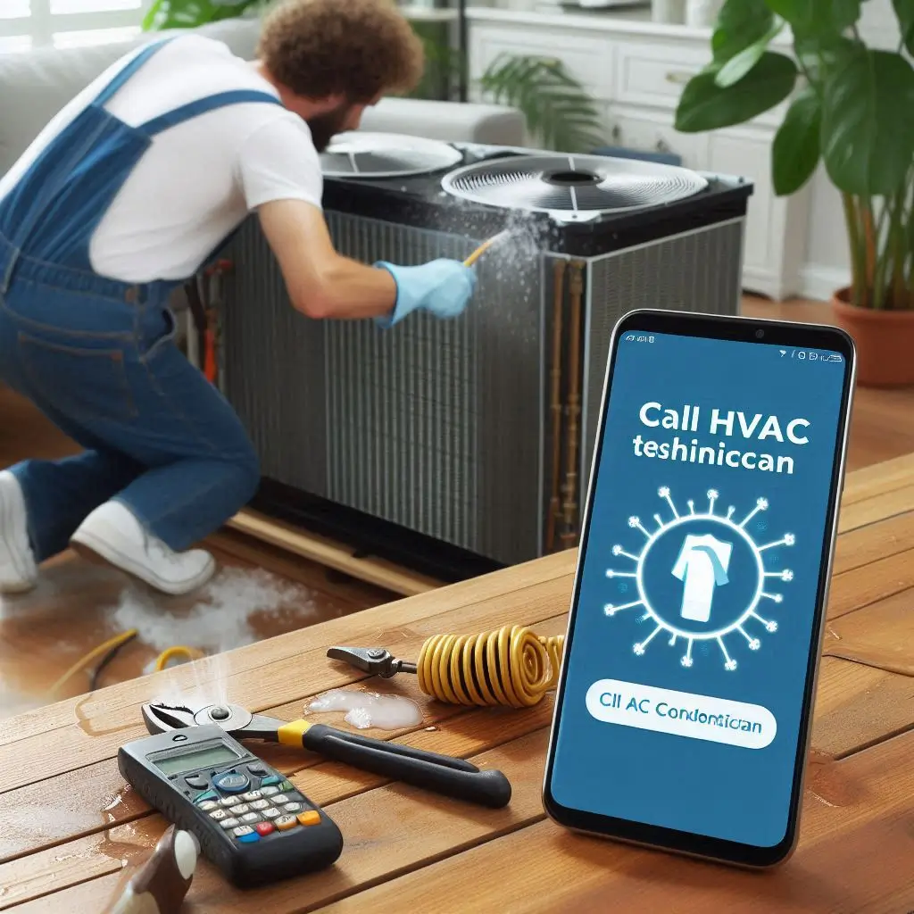 A homeowner attempting to clean an AC condenser coil, while a phone displaying "Call HVAC Technician" is seen on a nearby table.