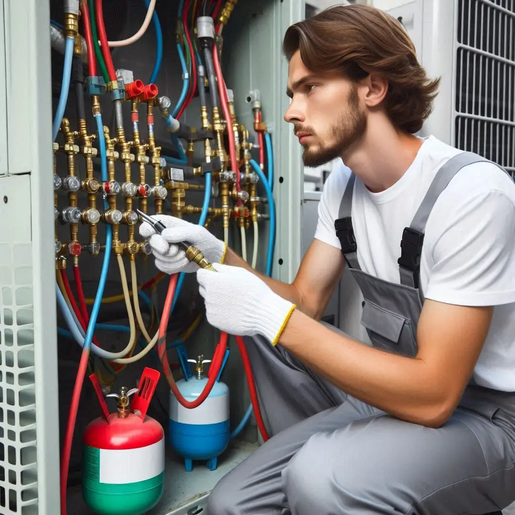 "An HVAC technician inspecting an air conditioning unit for signs of gas leakage, with focus on the refrigerant lines and connections."