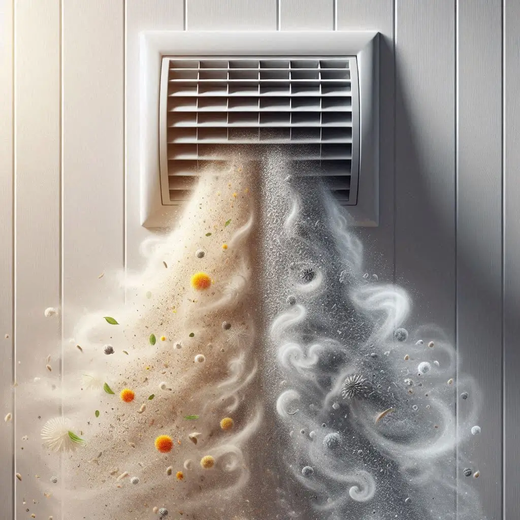 "An image showing clean air flowing out of a newly cleaned HVAC vent, with a visible reduction in airborne dust and allergens. The image should focus on fresh air circulation compared to polluted air."