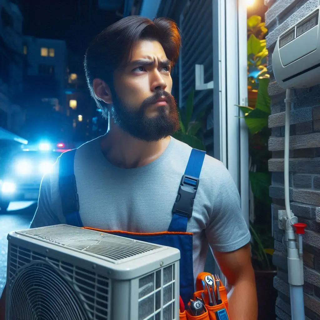 "An emergency HVAC technician arriving at a residential property late at night to fix a broken air conditioner during a summer heatwave.