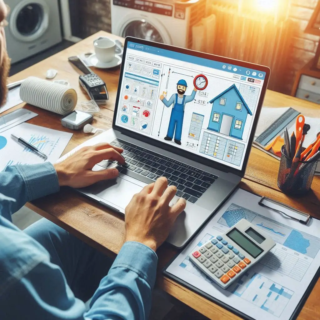 An image showing an HVAC professional using a calculator or computer software to calculate the right size air conditioner for a home.