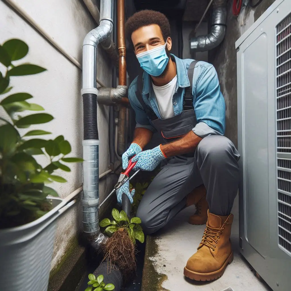 An HVAC technician clearing a clogged condensate drain line to prevent leaks and water damage.