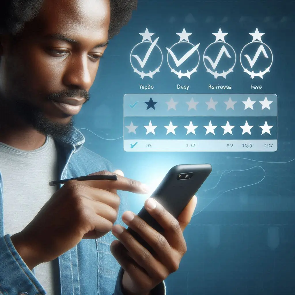 A person checking customer reviews on a smartphone, with both positive and negative ratings visible on the screen.
