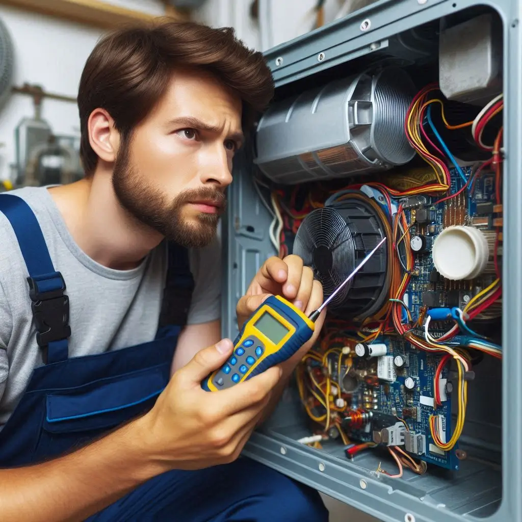 A professional HVAC technician examining the internal components of an air conditioner, with a digital diagnostic tool in hand.