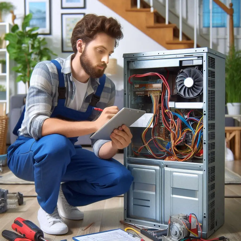 "A technician diagnosing and repairing an HVAC system in a home, checking the components for damage or wear, and fixing the issue to restore optimal performance."