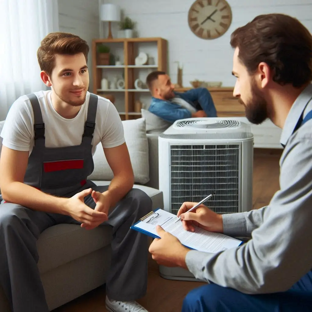 A homeowner talking to an HVAC technician inside a home, asking questions about the service before signing an agreement.