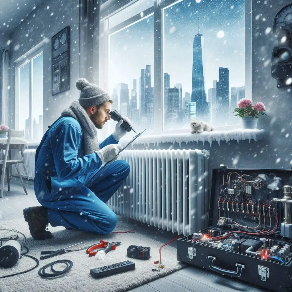 "A technician quickly diagnosing and repairing a broken heater inside a cold home. Snow is visible outside the window, emphasizing the urgency of heating repairs in winter."