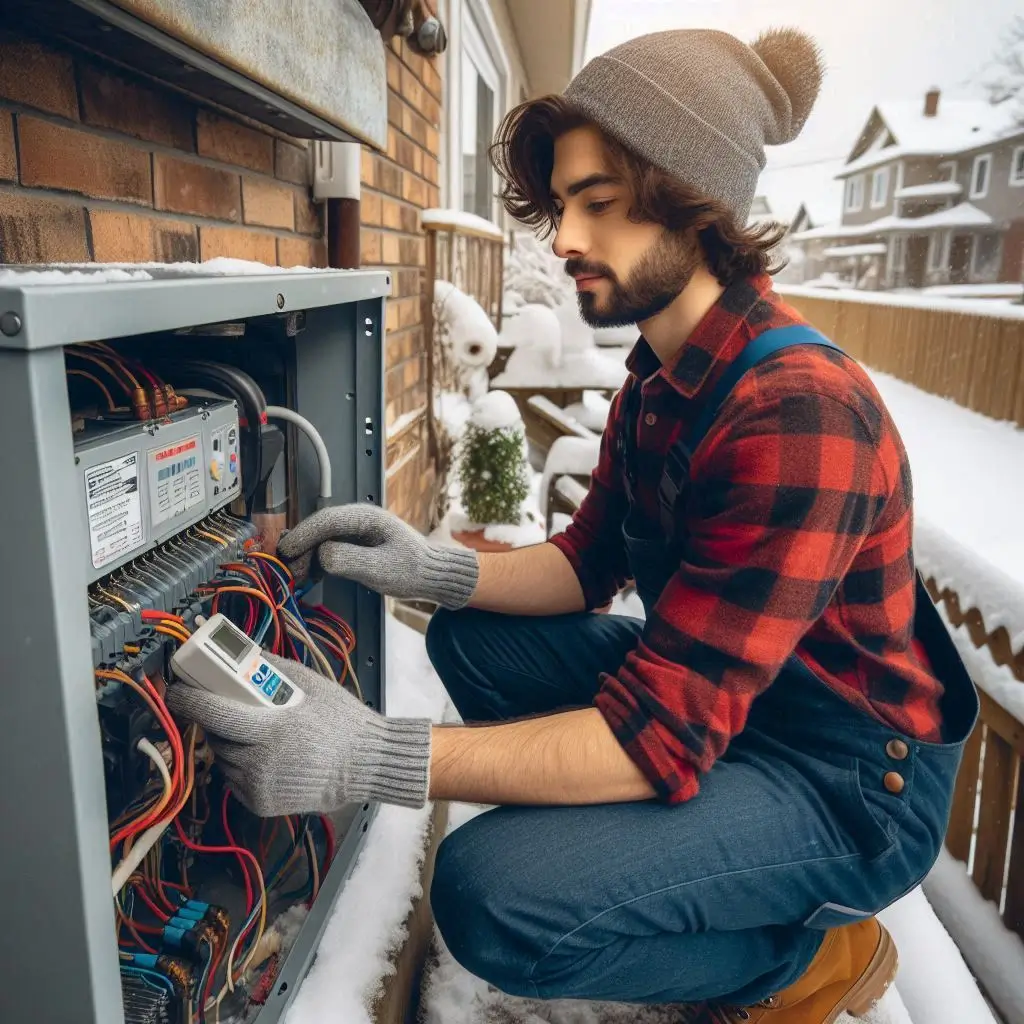 "An HVAC technician working on a residential heating system in Calgary, with snow outside, showing expertise in handling Calgary's climate conditions."