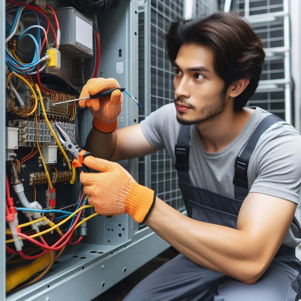 "An HVAC technician performing maintenance on an air conditioning unit, inspecting the inside of the AC system, and checking for any issues to improve efficiency."