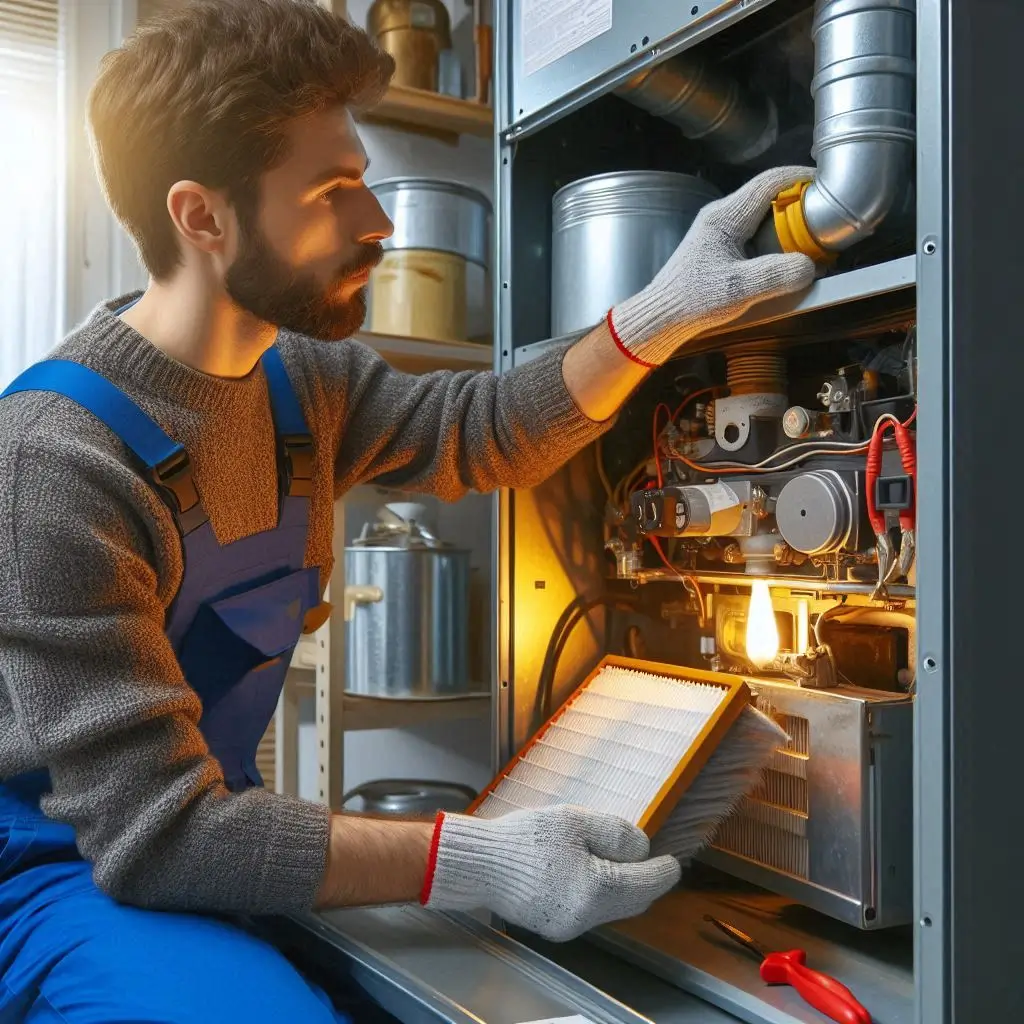"An HVAC technician performing routine maintenance on a heating system, cleaning the burner and checking filters inside a furnace or heat pump unit."