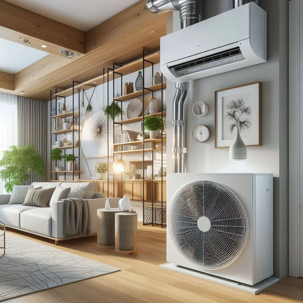A modern, energy-efficient HVAC system installed in a stylish home interior, showcasing proper ventilation and airflow.