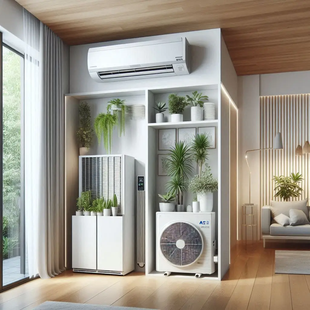 A modern split AC system with an outdoor compressor unit and an indoor evaporator unit visible in a well-ventilated room.