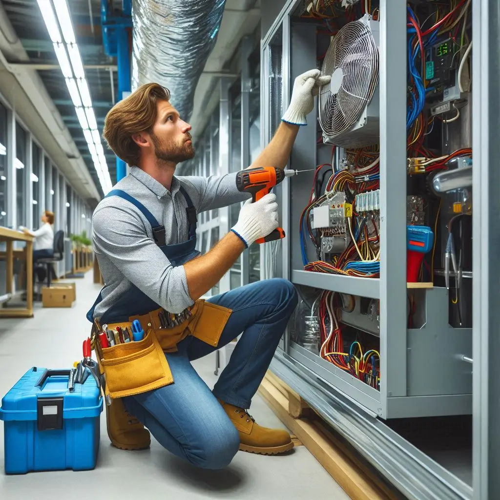 "A technician inspecting and installing a large commercial HVAC system in a busy office building or commercial space, with a focus on the equipment and professional tools used."