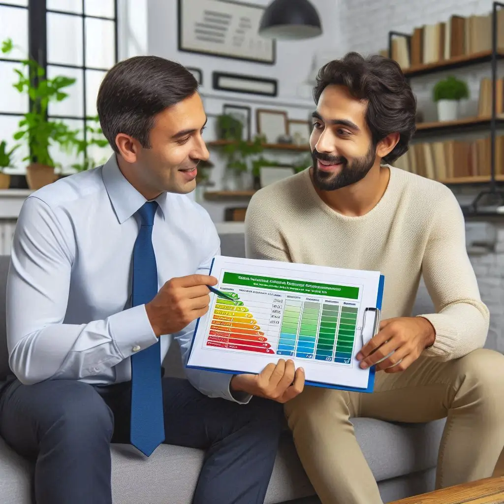 A professional HVAC consultant showing a homeowner a comparison chart of different heating systems, highlighting energy efficiency ratings and cost savings.