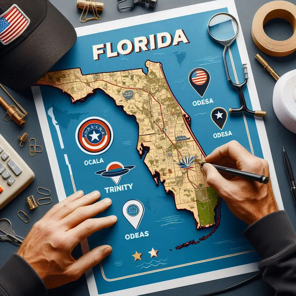 Create an image showing a map of Florida with highlighted areas indicating Ocala, Odessa, Trinity, and other locations served by Service Experts Heating & Air Conditioning.