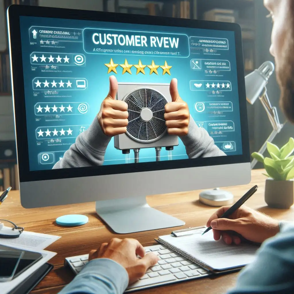 Generate an image of a computer screen displaying customer reviews for an HVAC company, emphasizing customer satisfaction and trust.