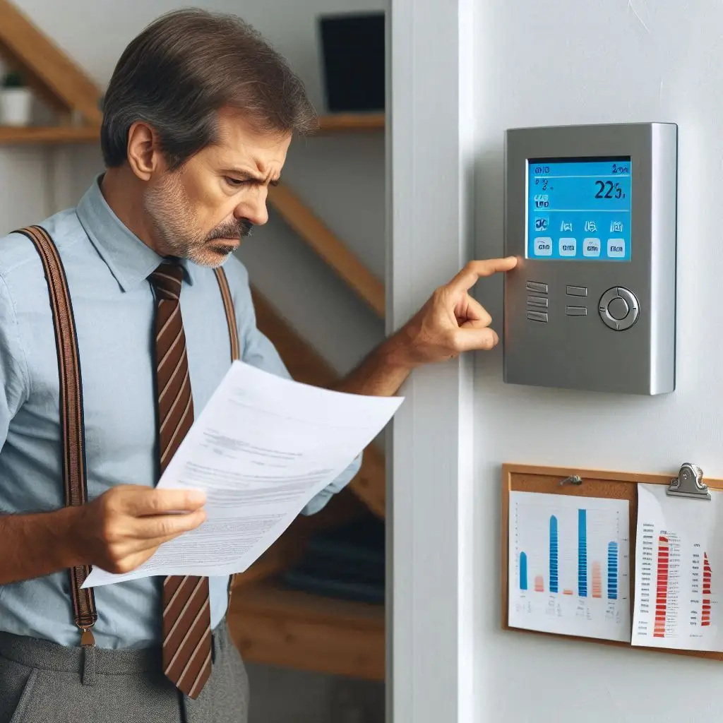 A frustrated homeowner looking at an unusually high energy bill while standing near a thermostat.