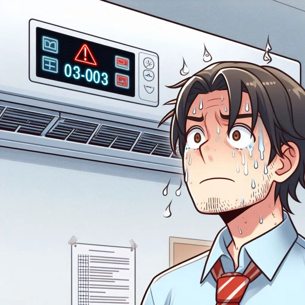 A worried homeowner looking at a broken air conditioning unit displaying an error code, with sweat on their forehead, emphasizing the urgency of repair.