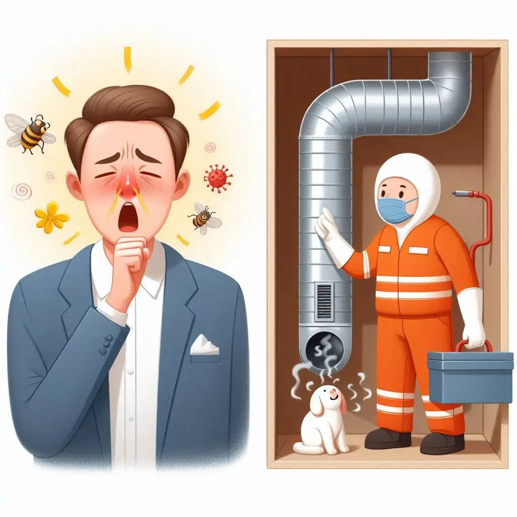 "An image of a person experiencing allergy symptoms, like sneezing or coughing, while an HVAC technician inspects and cleans the vents. The technician should be cleaning the ducts to improve air quality."
