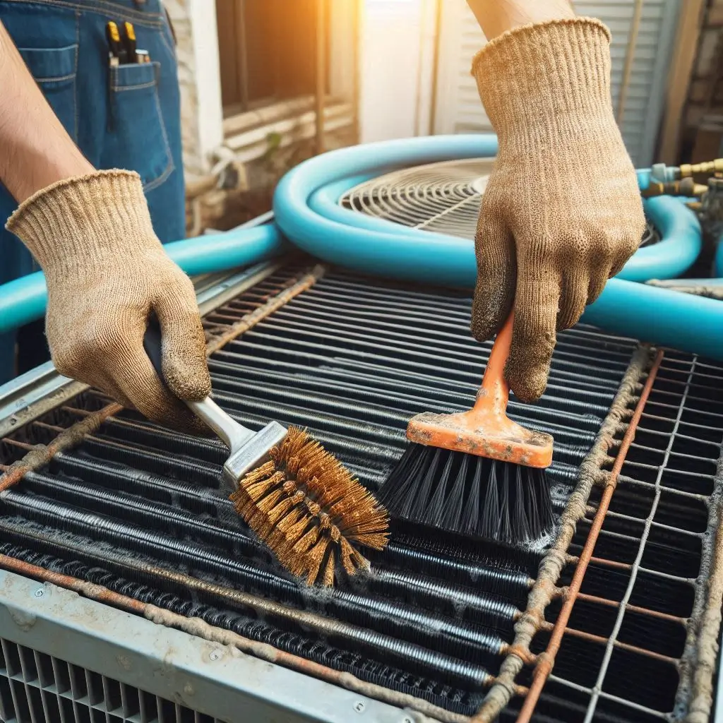 A technician using a soft brush and hose to clean the condenser coils of an outdoor AC unit, with visible dirt being removed.