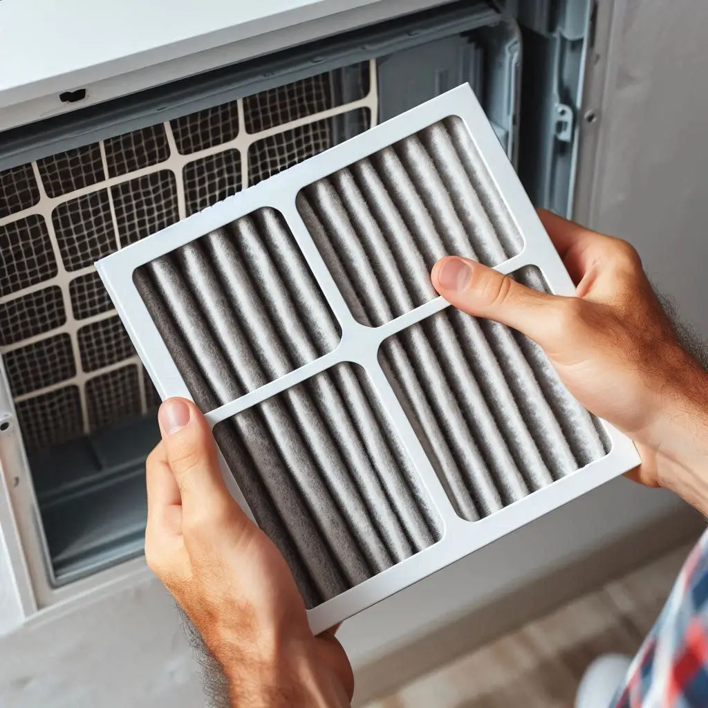 A close-up image of a homeowner changing the air filter of a central air conditioner, with a clean filter in one hand and a dirty filter in the other.