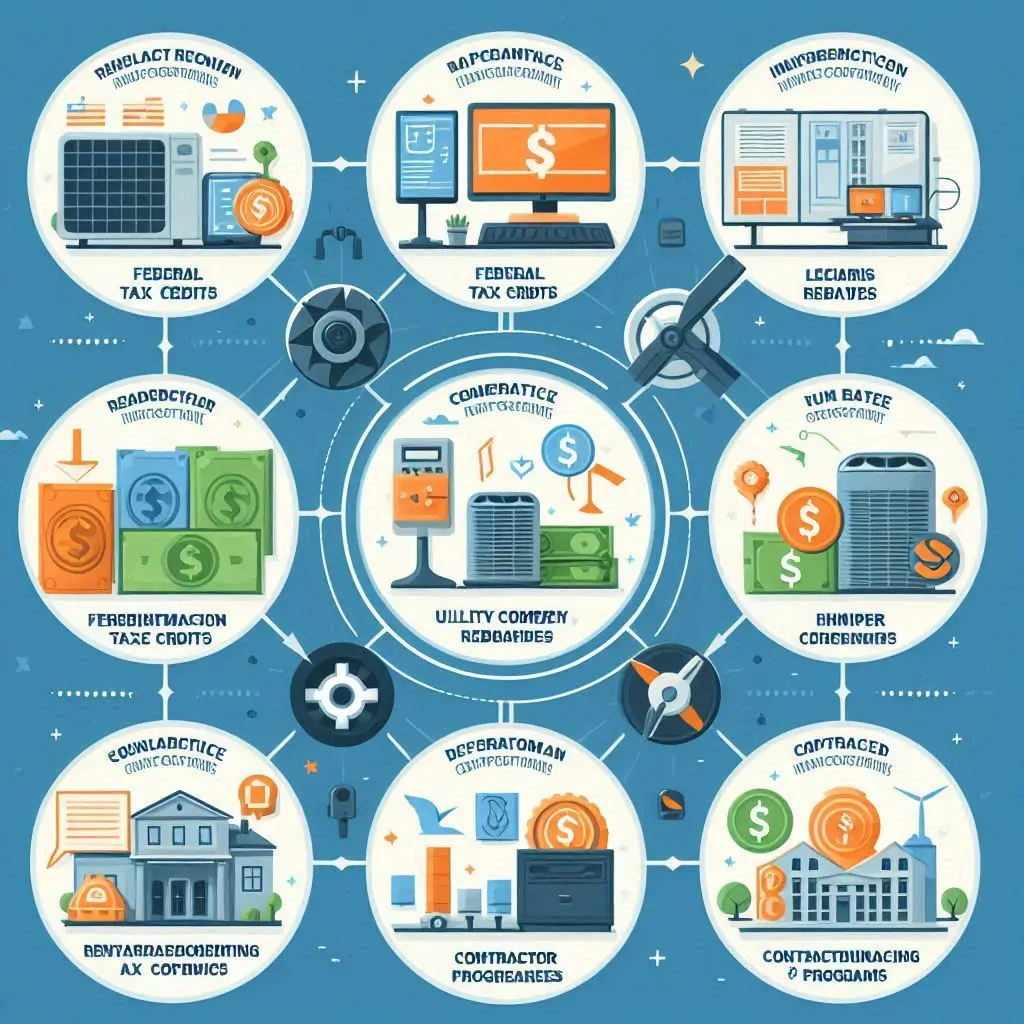 A graphic showing different HVAC rebate and financing options, including federal tax credits, utility company rebates, and contractor financing programs.