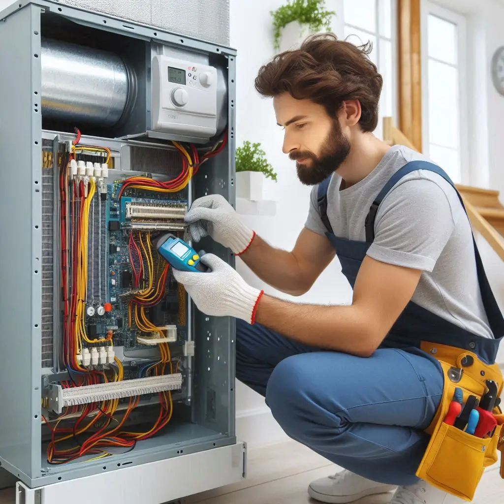 "An HVAC technician installing a comfort HVAC system in a home, carefully checking the system’s components for proper integration and energy efficiency."