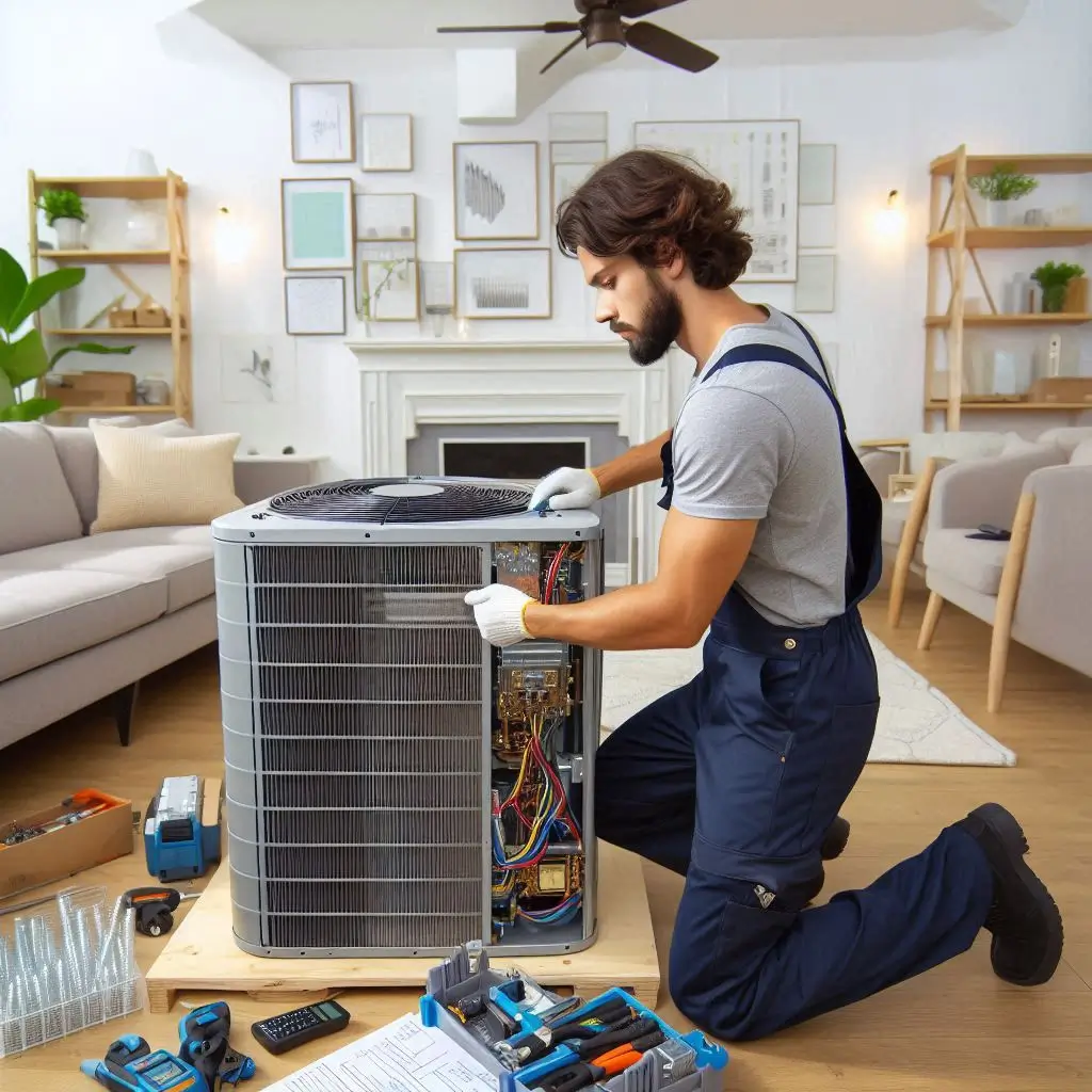 "An HVAC technician installing a premium heating and cooling system in a modern home, with clear attention to detail and professionalism."