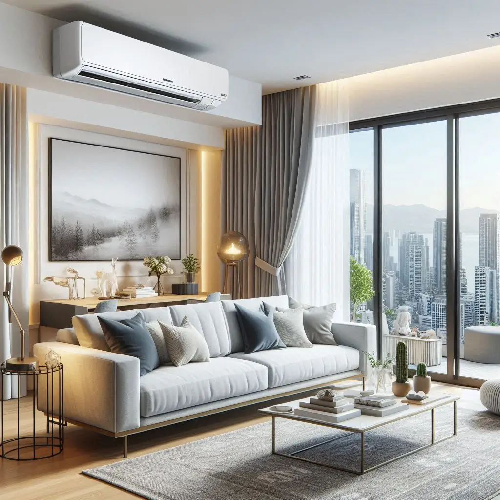 "An advanced ductless mini-split system installed in a modern living room, showcasing its sleek design and smart integration."