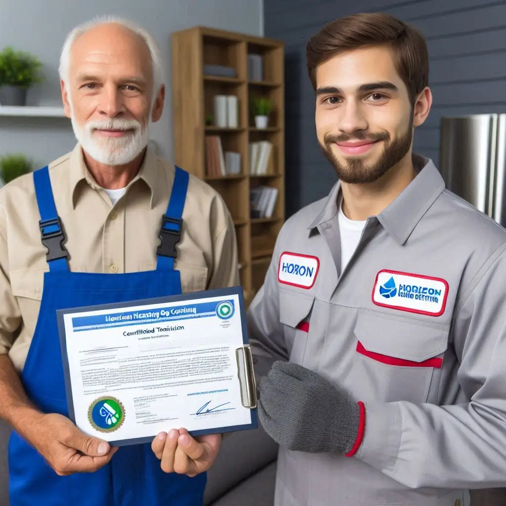 "A certified technician from Horizon Heating and Cooling showing their NATE and EPA certifications to a customer, demonstrating professionalism and expertise."