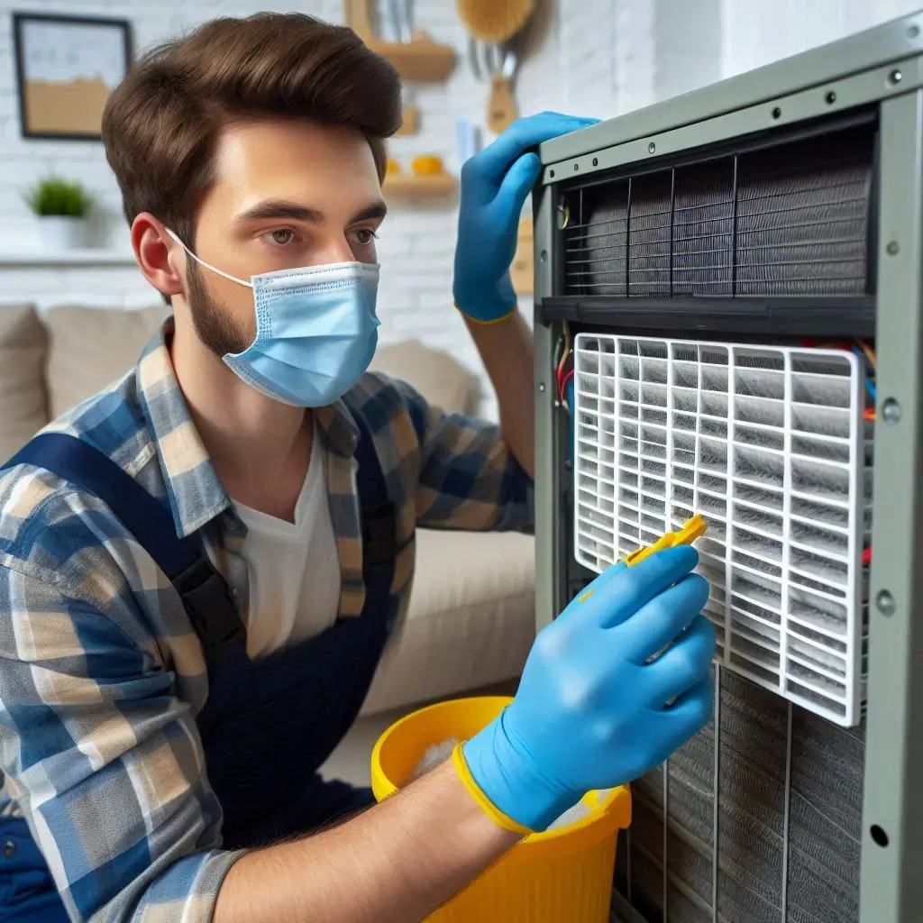 Create an image showing a technician performing AC maintenance on a residential air conditioning unit, cleaning filters and inspecting the system.