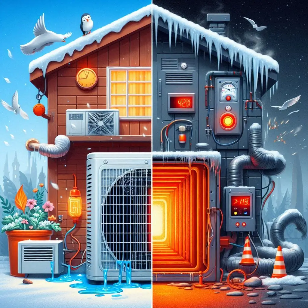 A side-by-side comparison of a functioning HVAC system and a broken-down unit in different seasons (summer and winter). The summer side shows an AC unit leaking water, while the winter side displays a furnace with warning lights on.