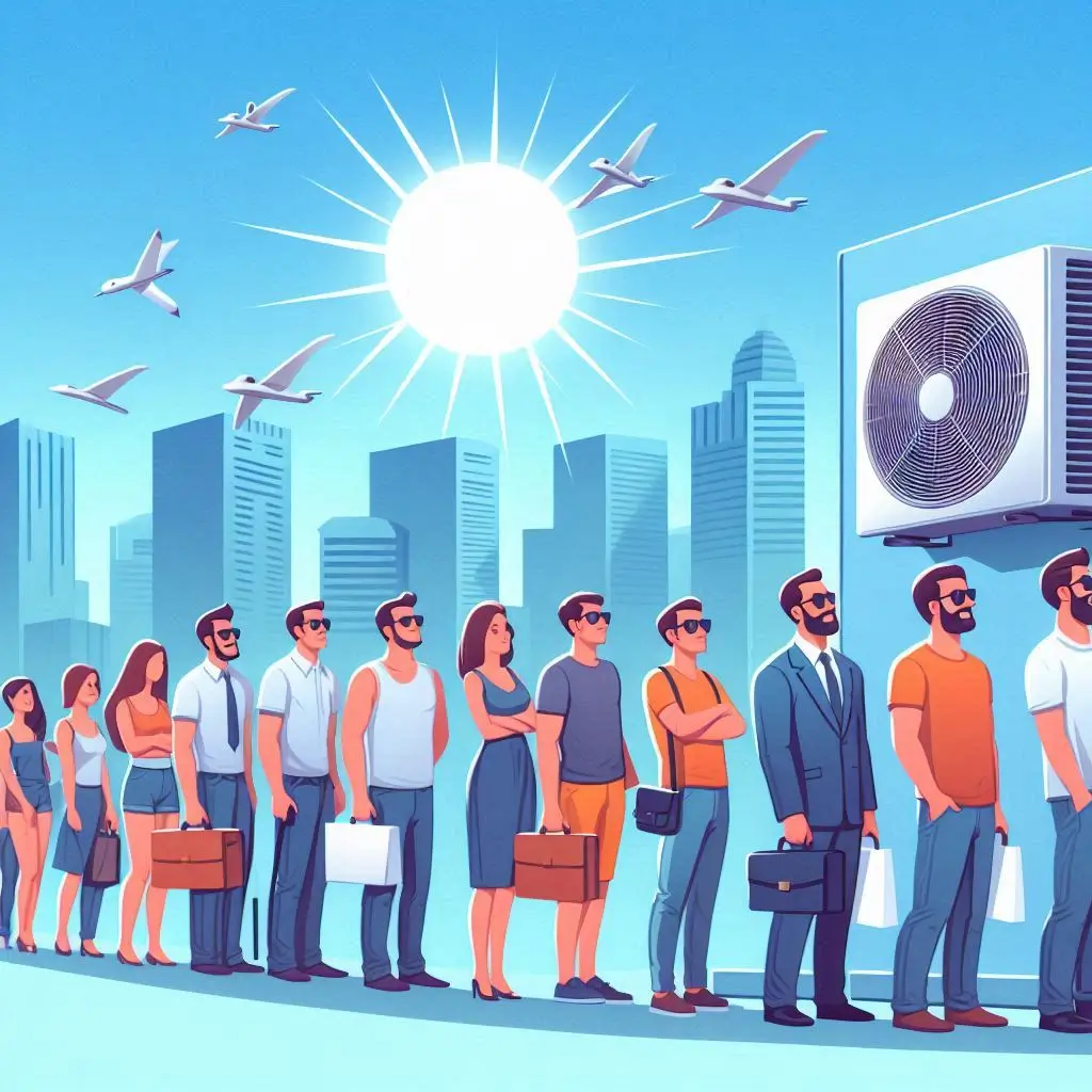 A long queue of customers waiting for AC repair services during peak summer months, illustrating high seasonal demand.