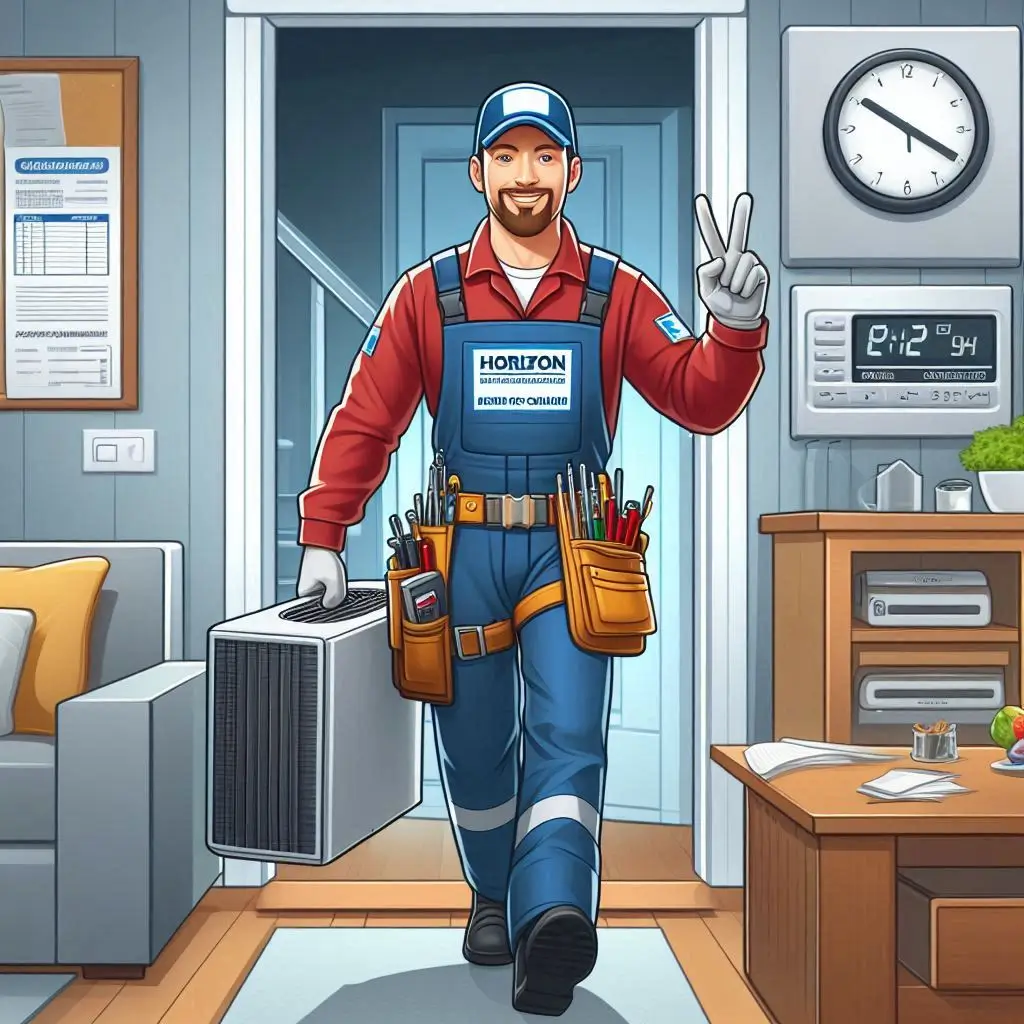 "Technician from Horizon Heating and Cooling arriving promptly at a customer's home for an emergency HVAC service, showcasing reliability and professionalism."