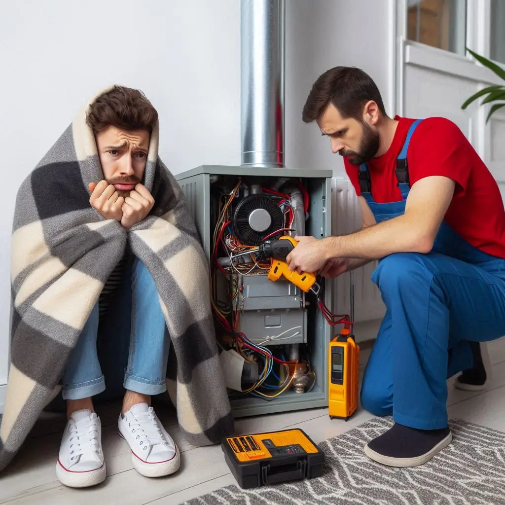 A worried homeowner wrapped in a blanket next to a non-functioning furnace while an HVAC technician is diagnosing the issue. The technician is checking the system with professional tools, ensuring a quick resolution.