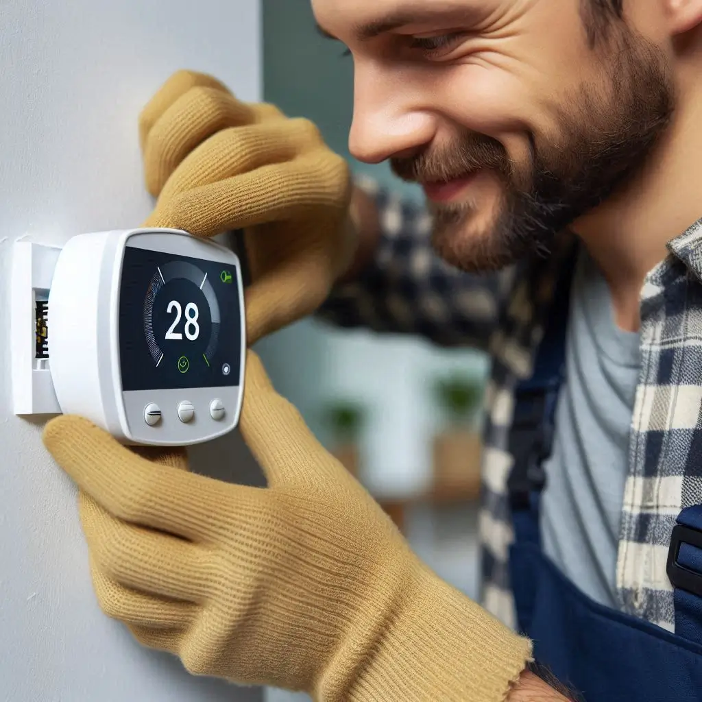 A close-up of a technician replacing a wall-mounted smart thermostat.
