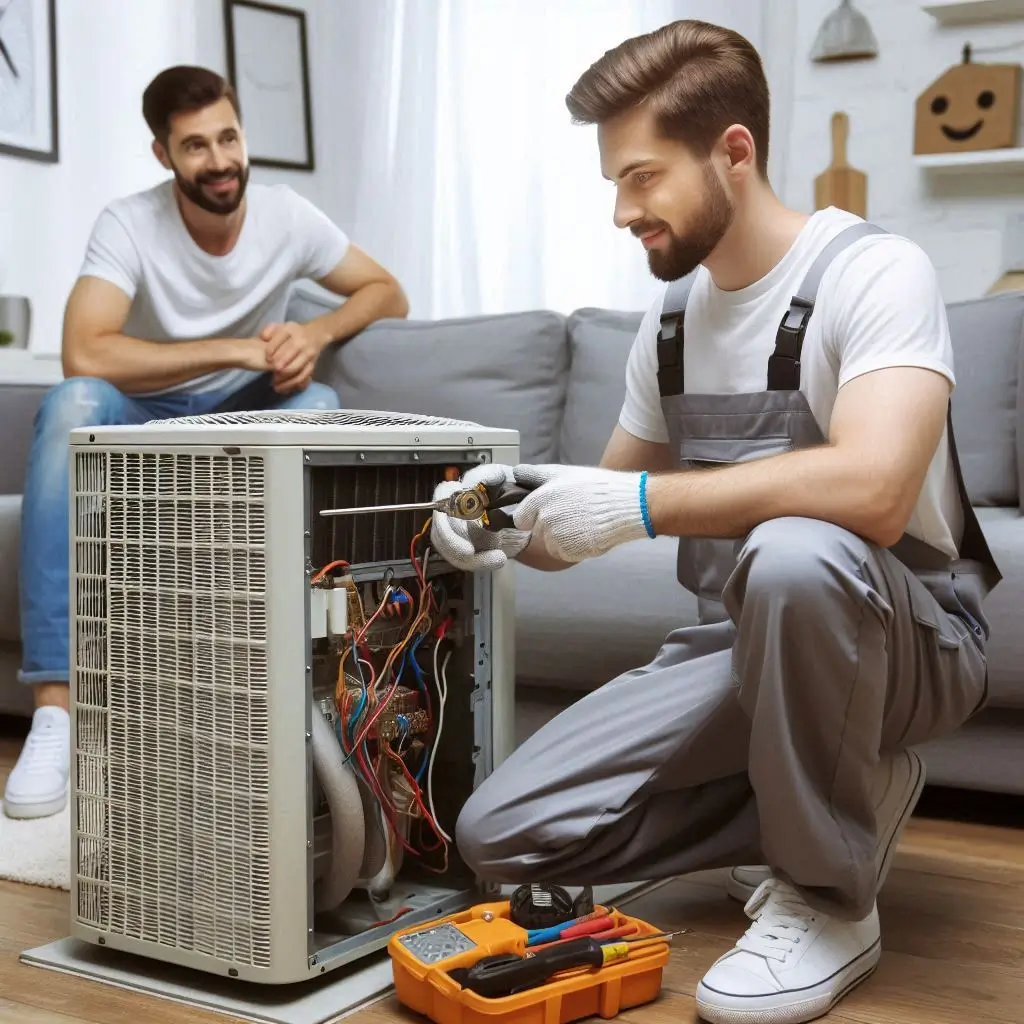 "An HVAC technician from One Hour Heating and Air repairing an air conditioner inside a home. The technician is using specialized tools to diagnose and fix the unit, while the homeowner looks on, relieved as the cooling system is being restored."