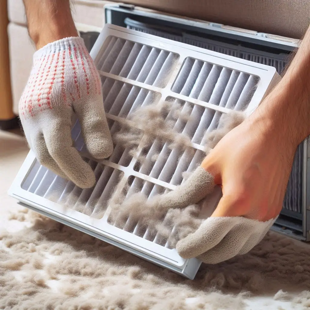 A close-up view of a homeowner removing a dirty AC filter and replacing it with a clean one, showing visible dust accumulation.