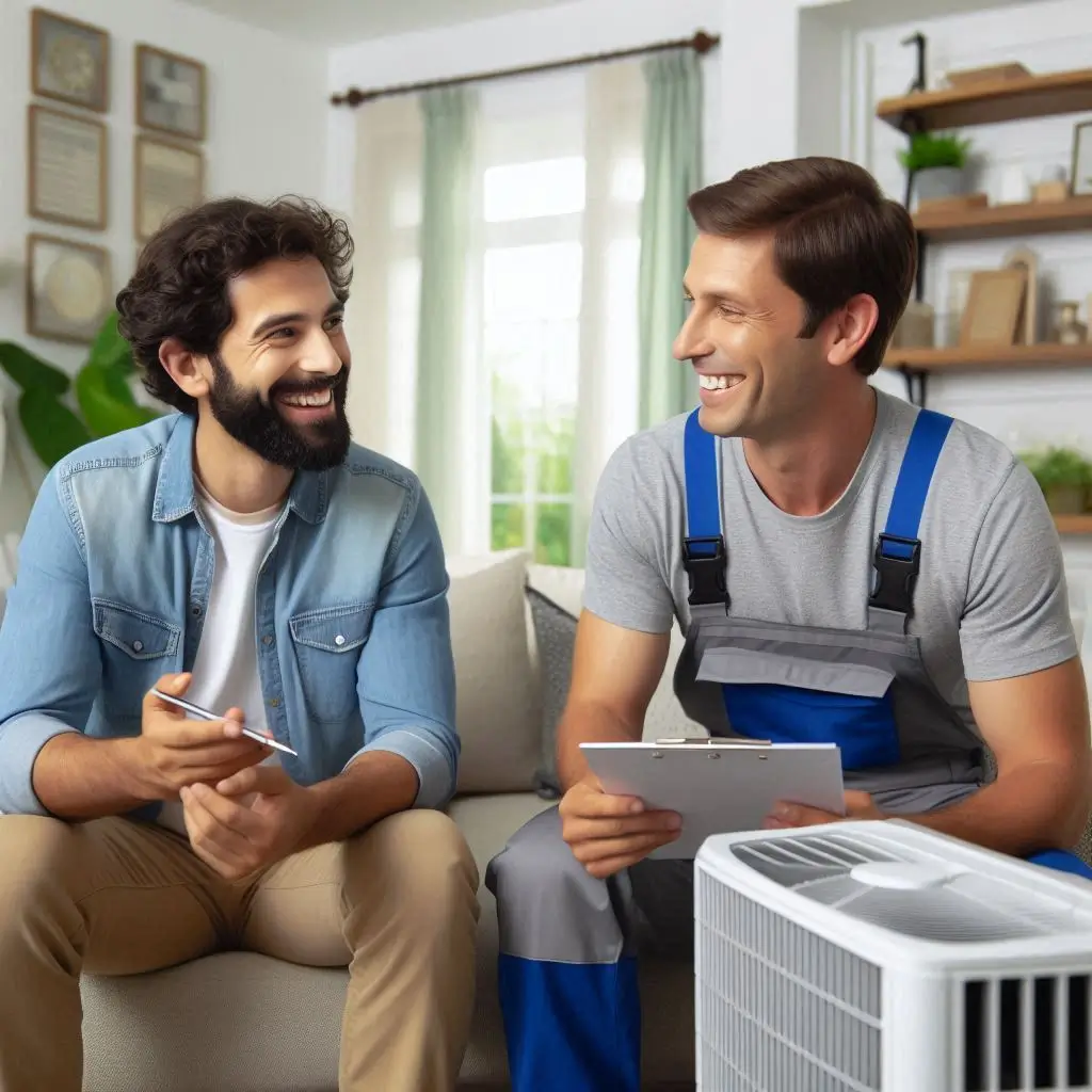 A happy homeowner discussing HVAC options with a friendly technician, showcasing excellent customer service.