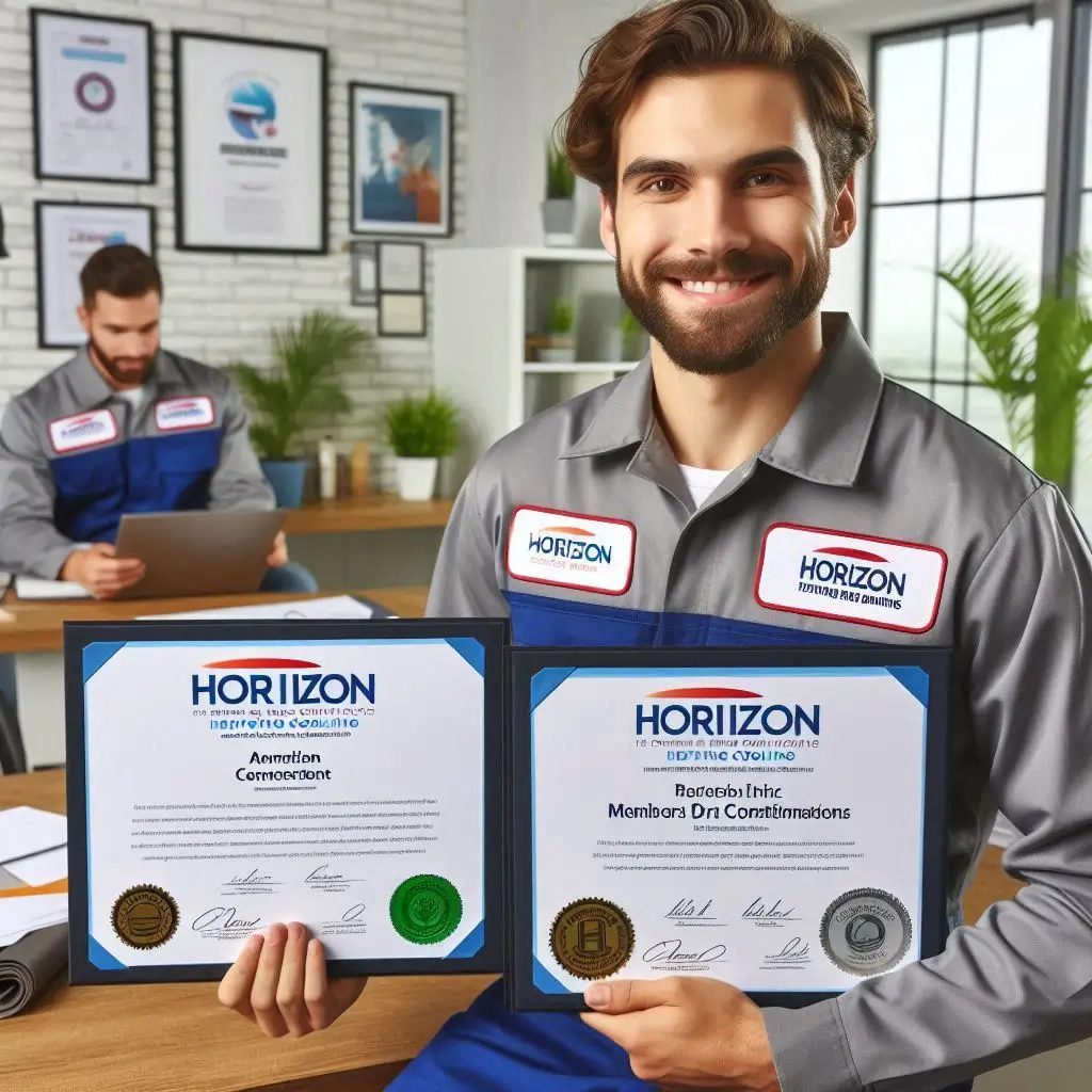 "A technician from Horizon Heating and Cooling proudly displaying membership certificates from trusted HVAC organizations in the office, symbolizing their commitment to high industry standards."