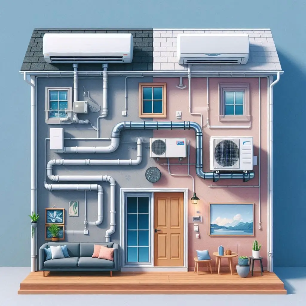 A side-by-side comparison of a central air conditioning unit connected to ductwork and a ductless mini-split system mounted on a wall, showcasing their differences in installation and function.