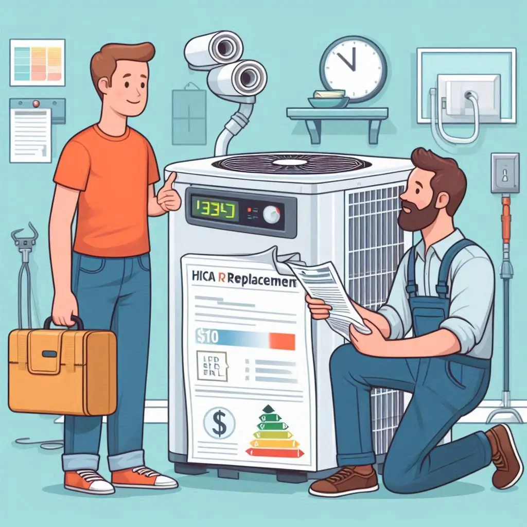 Image of a homeowner receiving an HVAC replacement estimate from a contractor, showing how replacing the system can lead to overall savings in energy bills and maintenance costs.