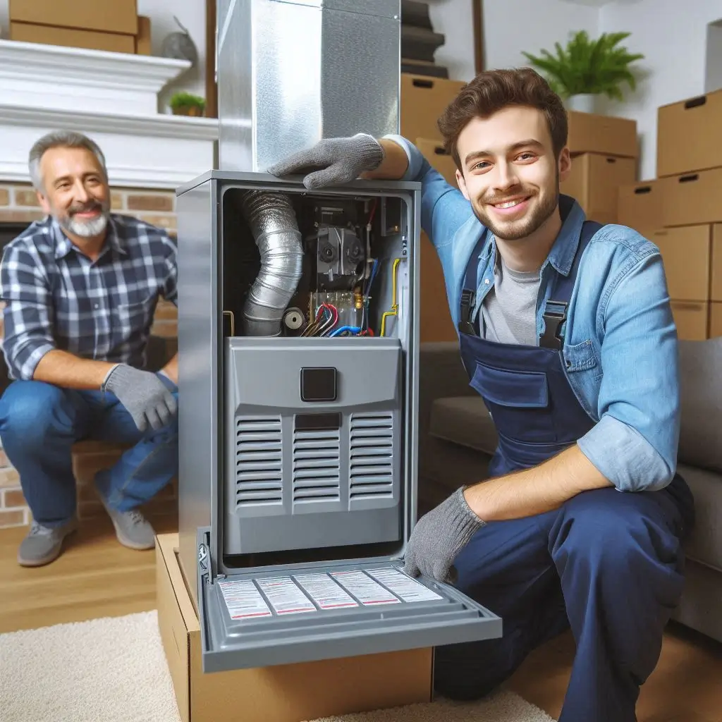 An HVAC technician installing a modern high-efficiency furnace inside a residential home, with the homeowner watching nearby, showing satisfaction with the quick service.