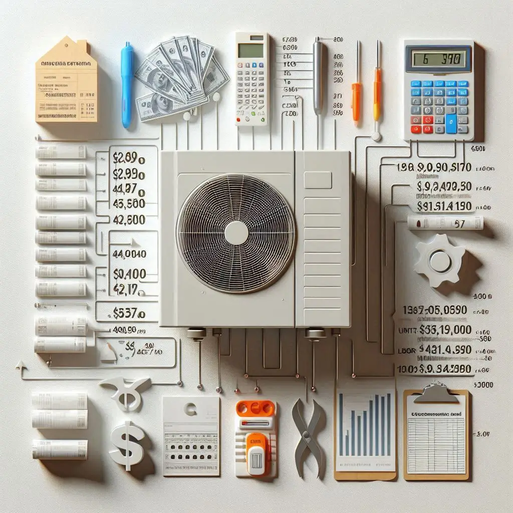 An image showing a detailed breakdown of the costs involved in installing a central air conditioning system, including unit costs, labor, and additional expenses.